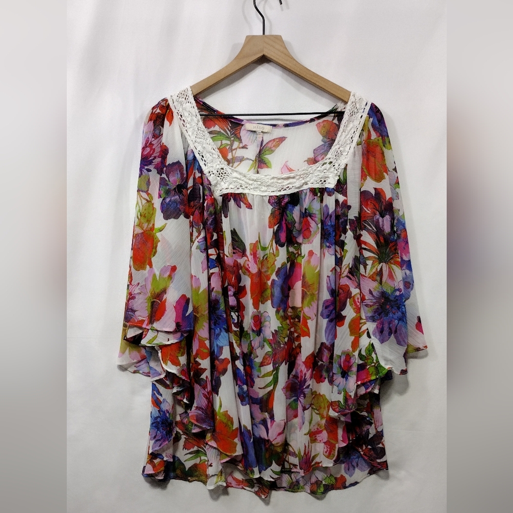 Halo Floral Square Neck Top Women's 3X Multicolor Artsy Retro Cottagecore 90s
